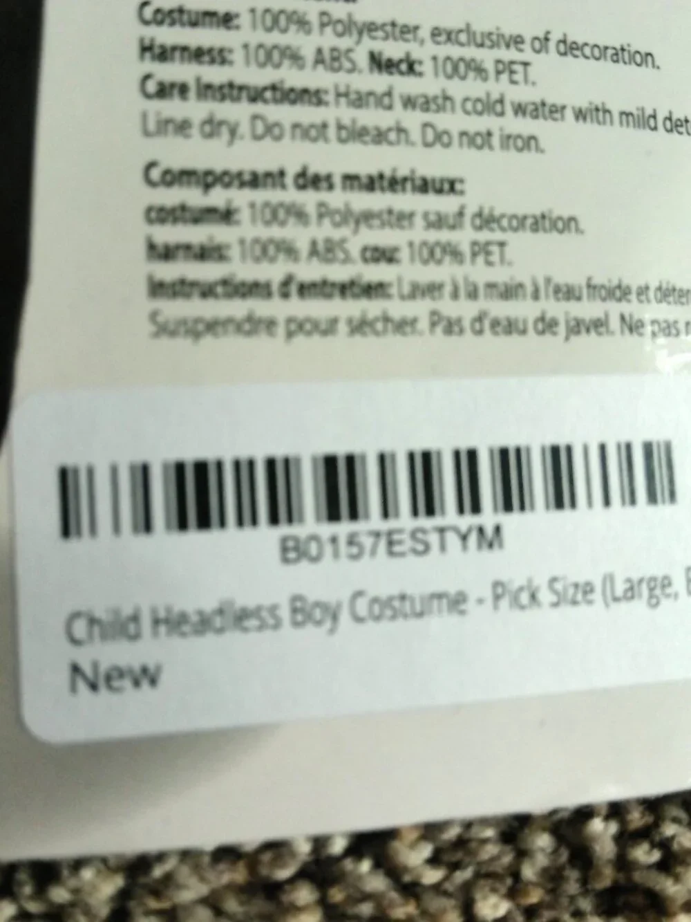 Halloween Costume Child Headless Boy's Size L (Runs Bigger) Black Robe NO Knife
